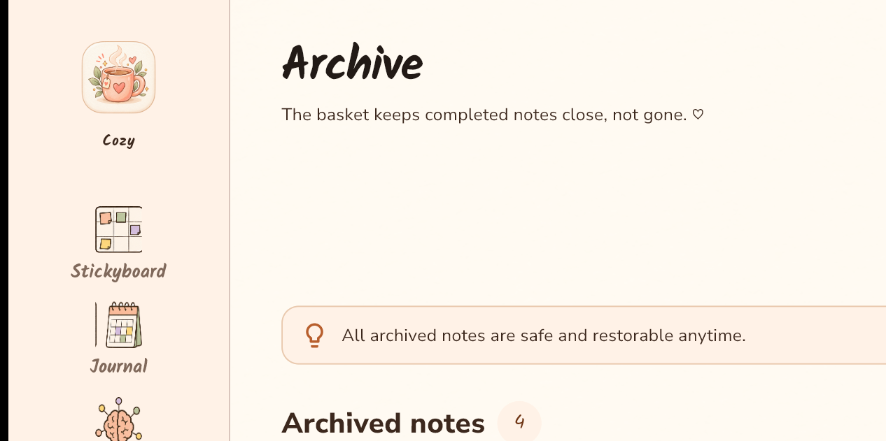 Real Nook Windows Archive screen showing completed notes kept close and restorable.