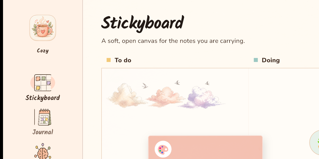 Real Nook Windows Stickyboard screen with warm paper cards and a visual To do and Doing board.